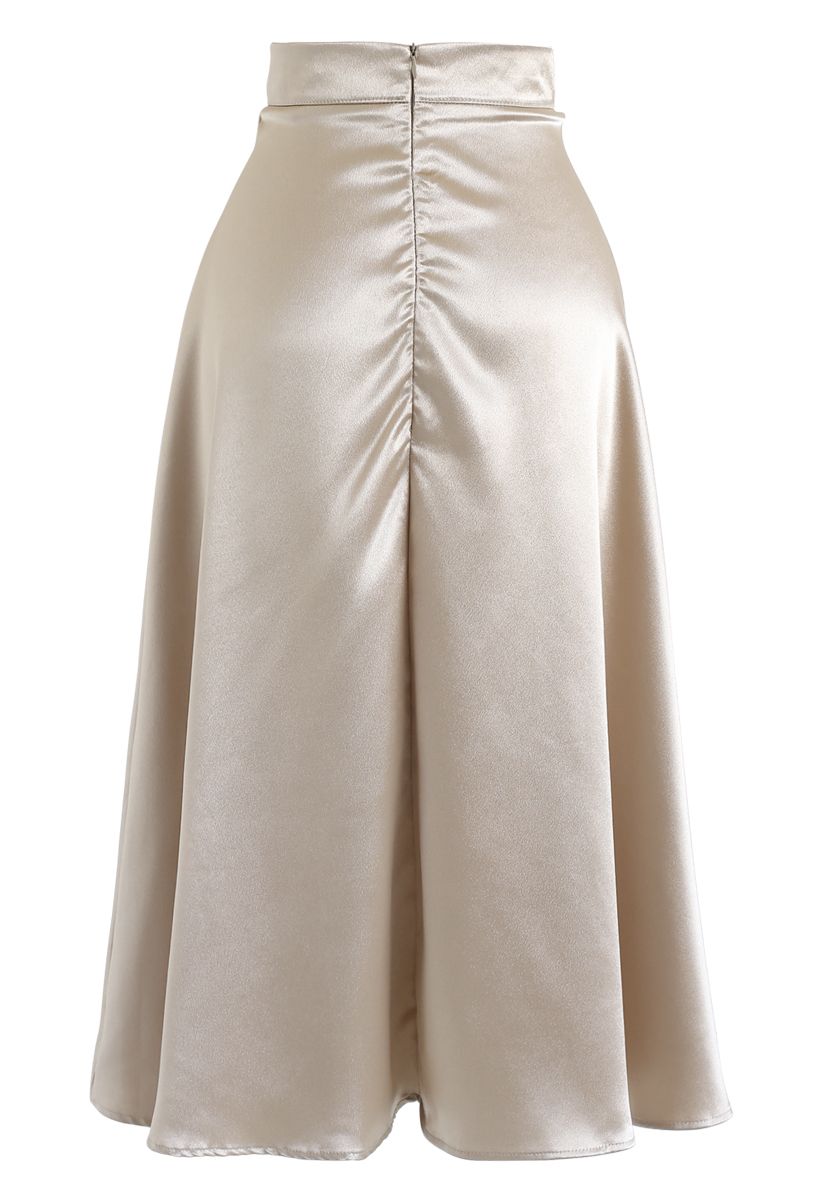 Basic Satin A-Line Midi Skirt in Gold