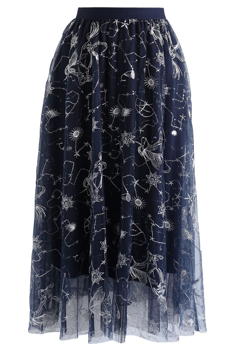Sequined Embroidered Mesh Tulle Skirt in Navy
