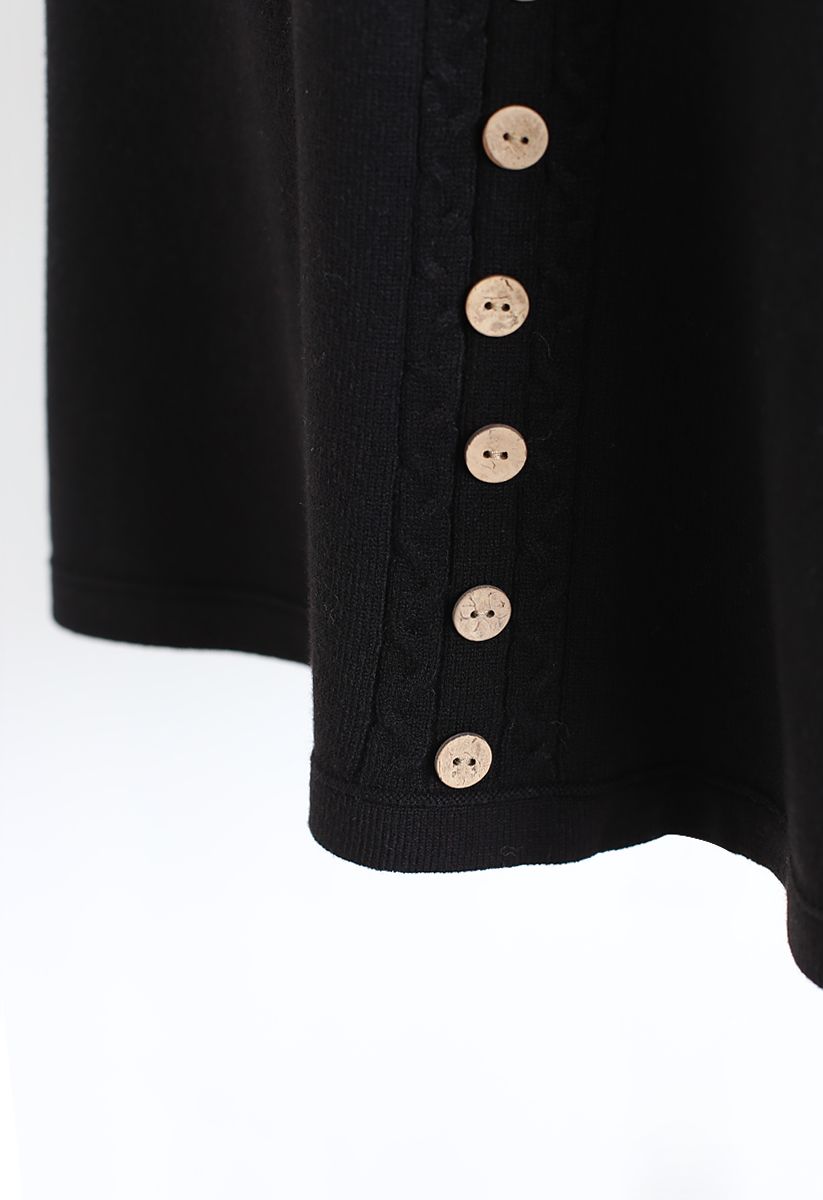 Braid Button Trim A-Line Knit Skirt in Black