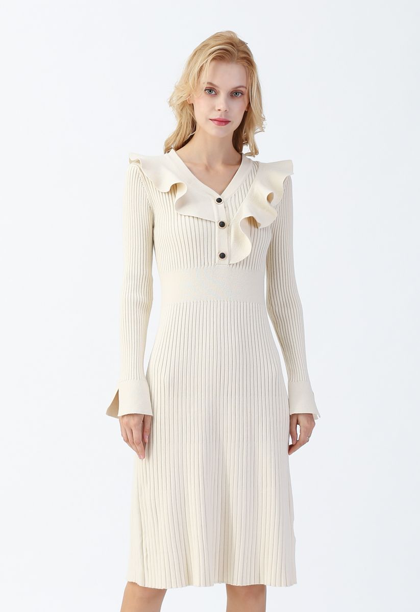 Ruffle Trim V-Neck Ribbed Knit Dress in Cream