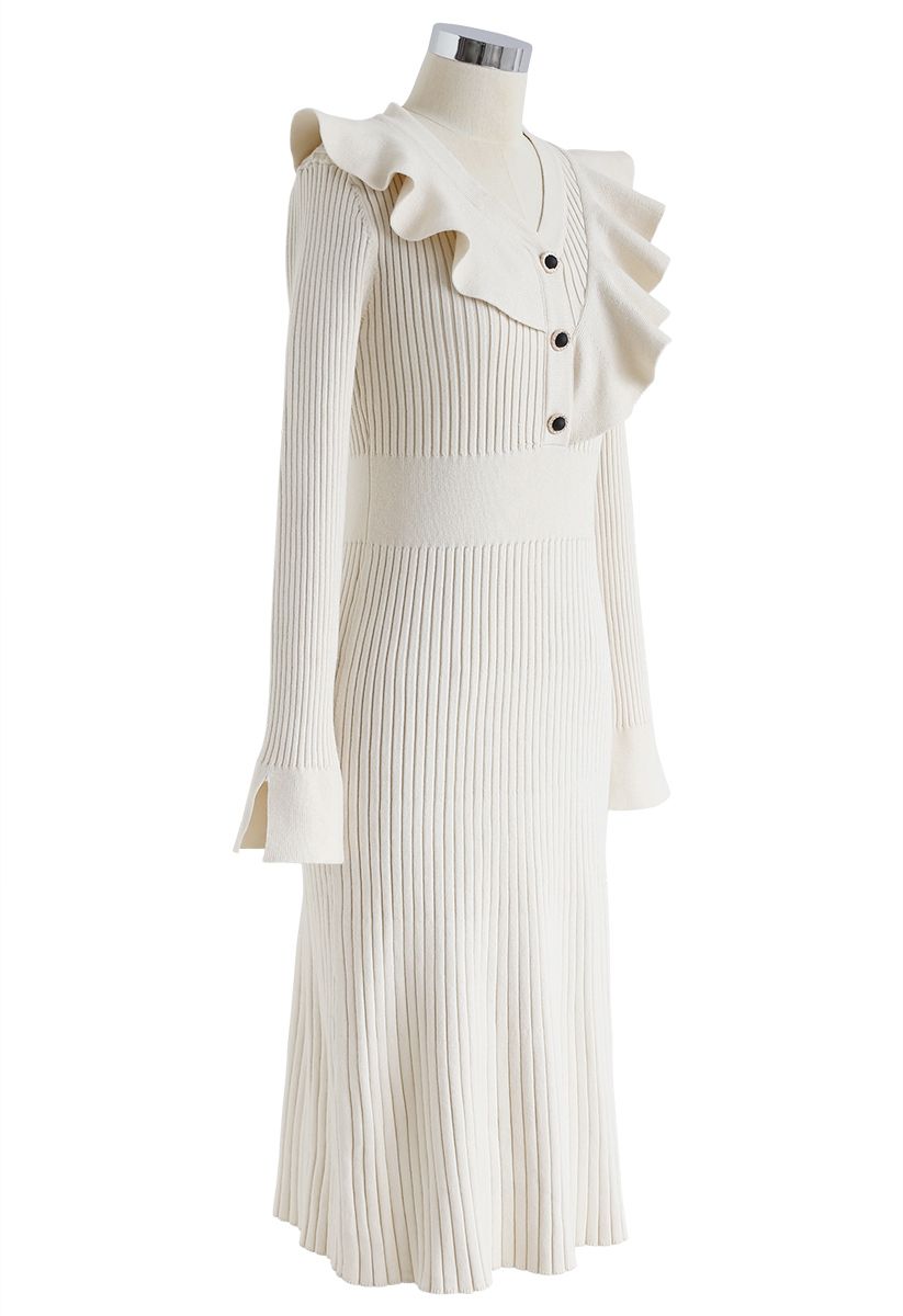 Ruffle Trim V-Neck Ribbed Knit Dress in Cream