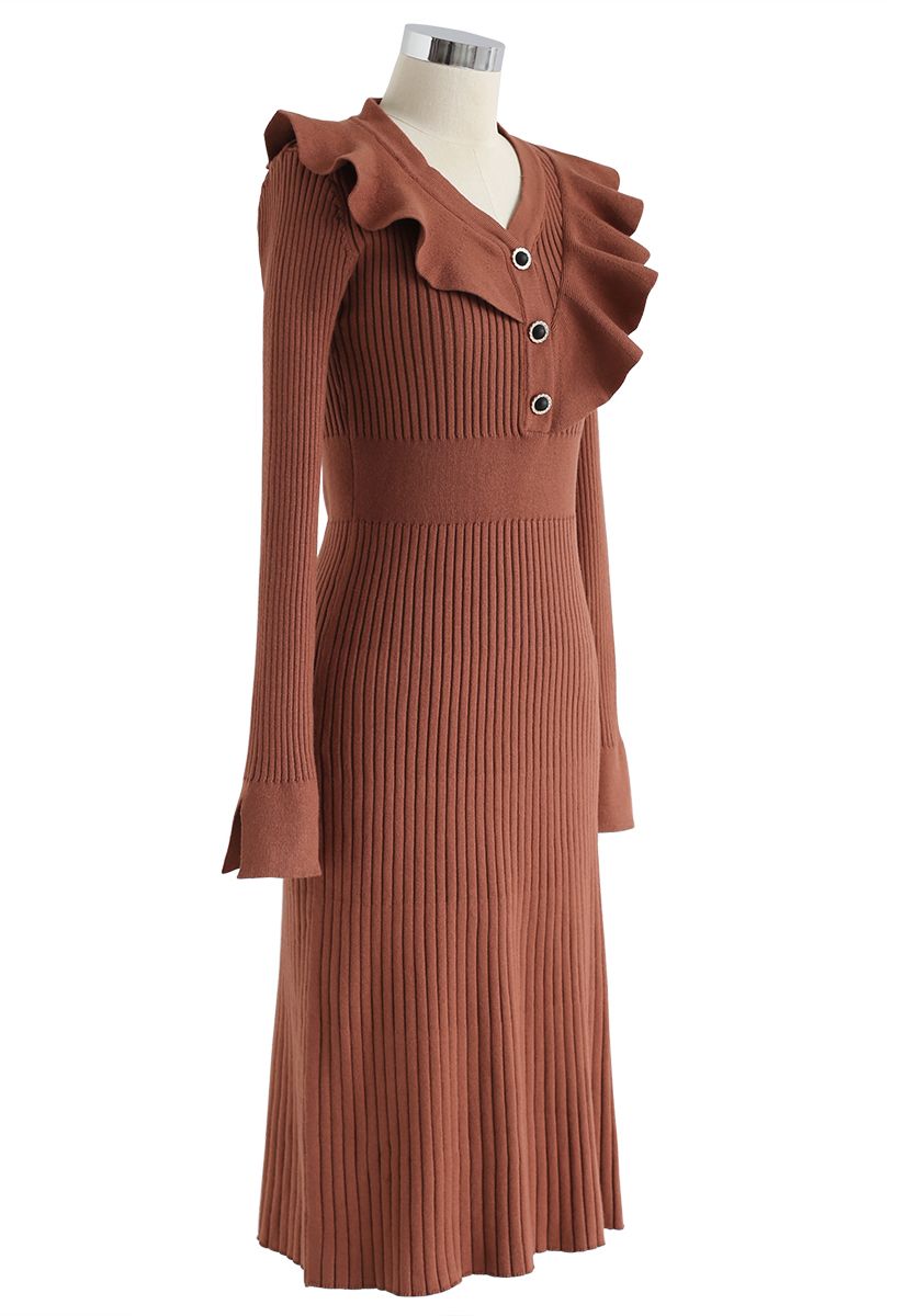 Ruffle Trim V-Neck Ribbed Knit Dress in Caramel