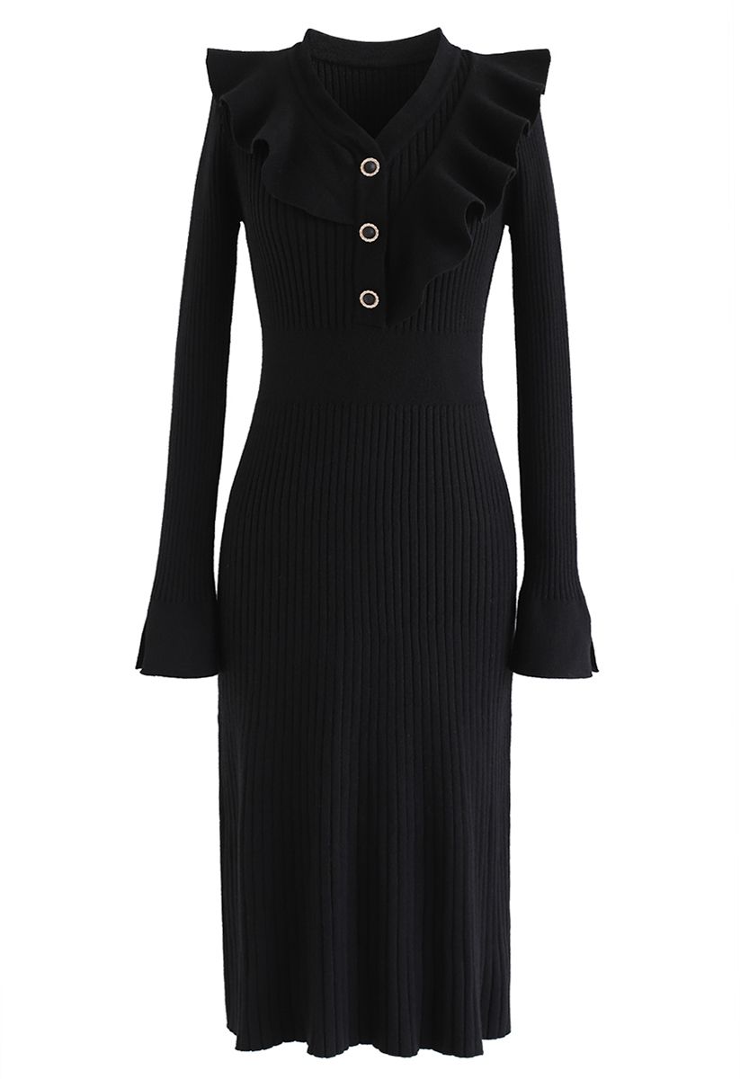 Ruffle Trim V-Neck Ribbed Knit Dress in Black