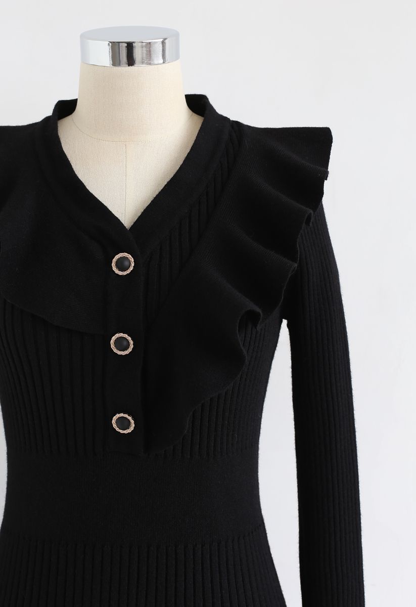 Ruffle Trim V-Neck Ribbed Knit Dress in Black
