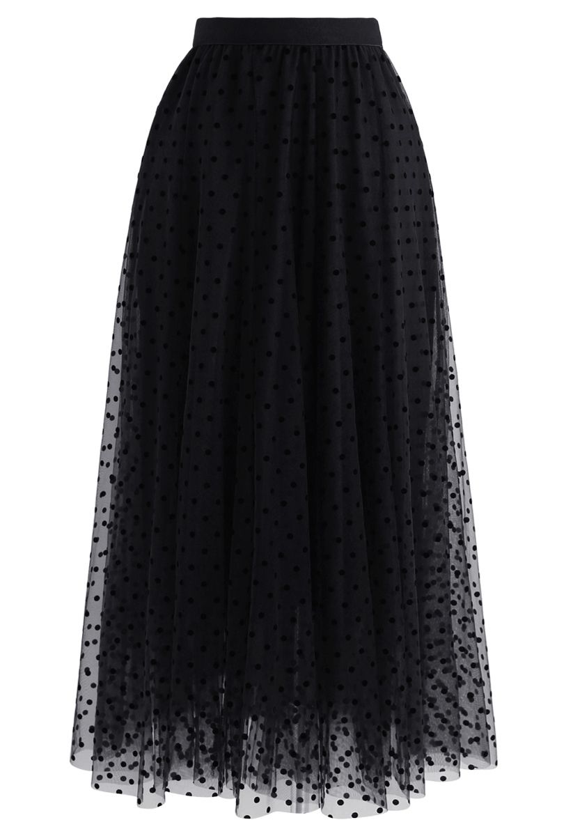 Full Polka Dots Double-Layered Mesh Tulle Skirt in Black - Retro, Indie ...