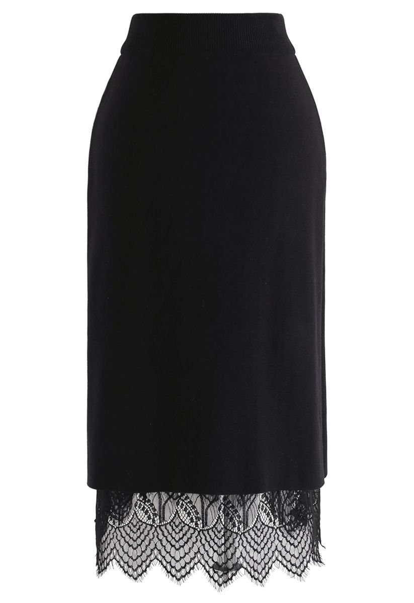 Reversible Lace hem Knit Skirt in Black