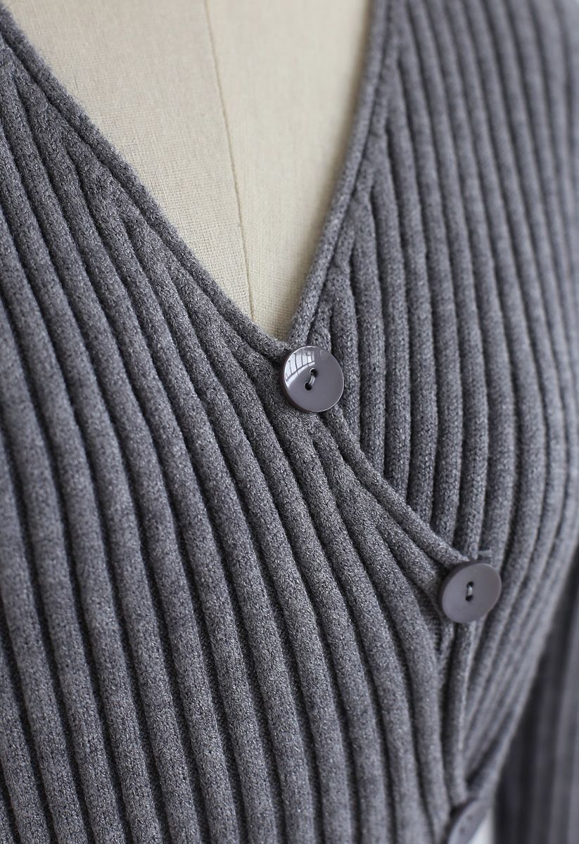 Asymmetric Slant Button Down Knit Top in Grey