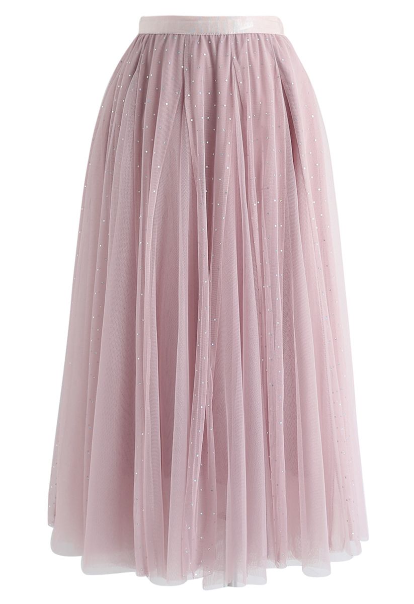 Sequined Double-Layered Mesh Tulle Midi Skirt in Pink