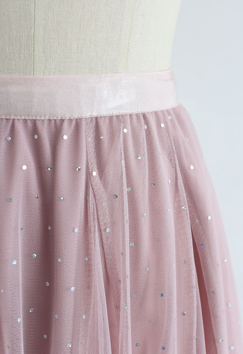 Sequined Double-Layered Mesh Tulle Midi Skirt in Pink