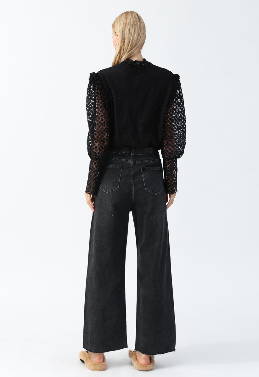 Full of Daisy Embroidered Ruffle Mesh Top in Black