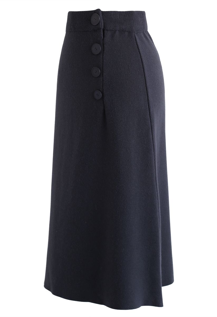 Buttoned Front Knit Midi Skirt in Navy
