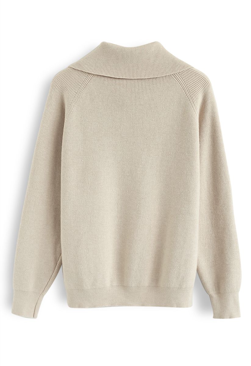 Buttoned Cowl Neck Knit Sweater in Sand