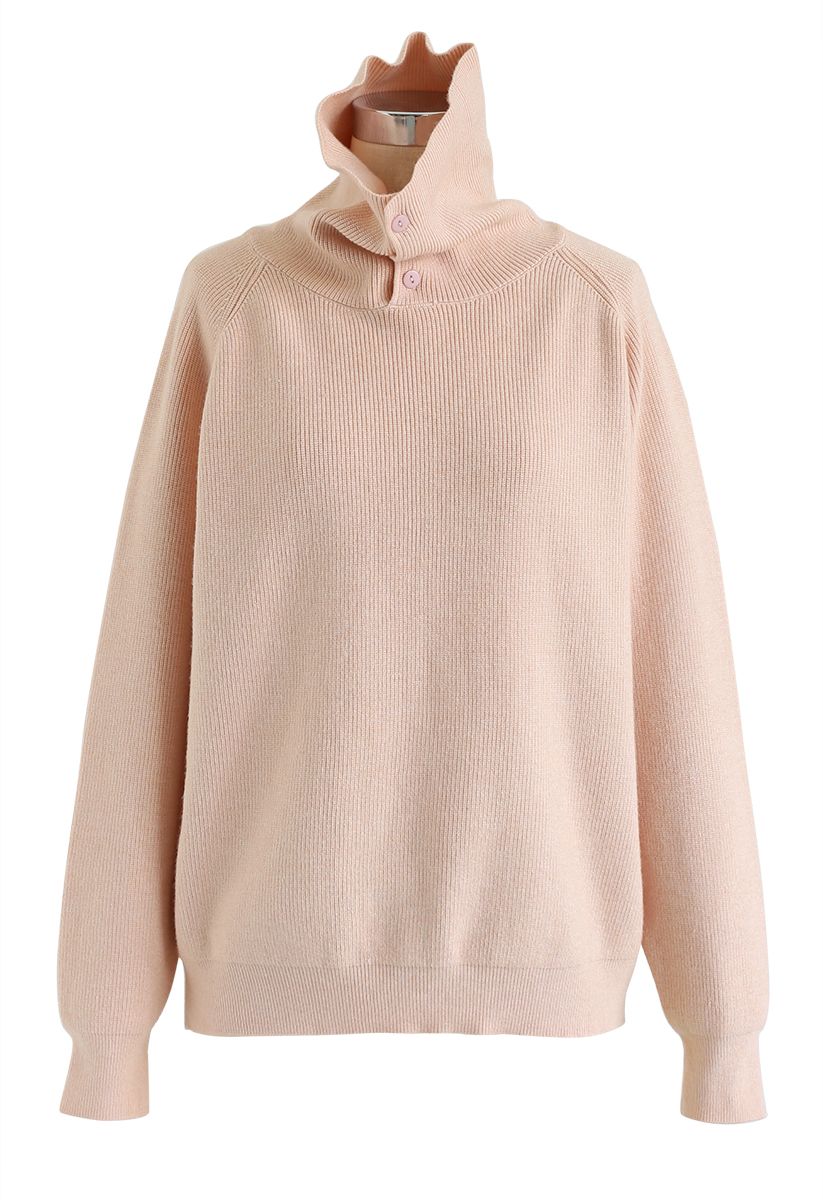 Buttoned Cowl Neck Knit Sweater in Pink