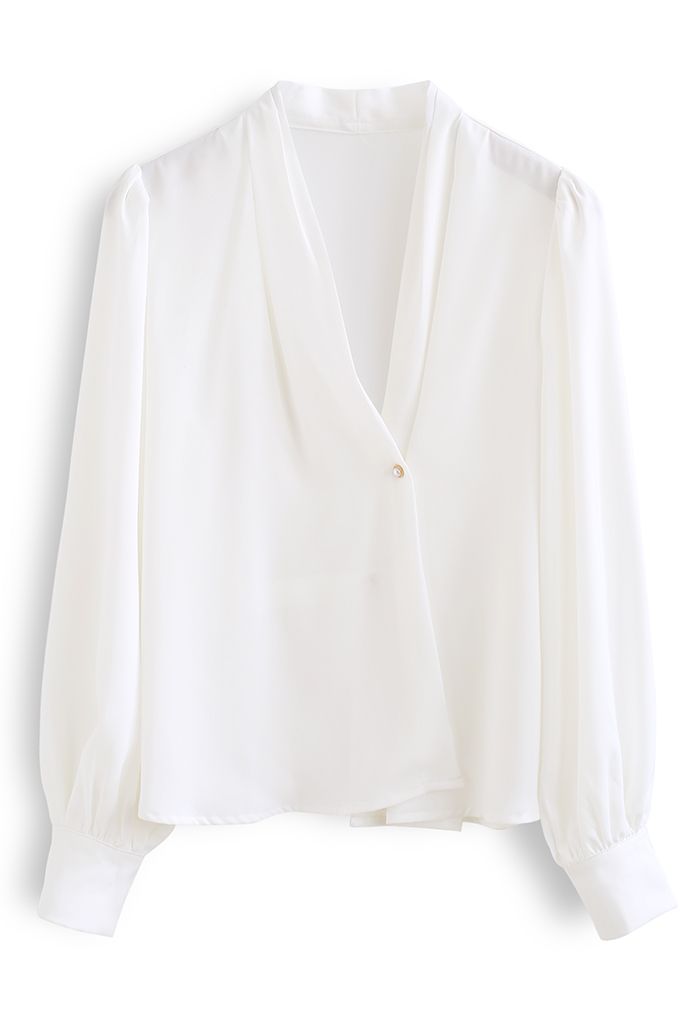 Buttoned Surplice Sleek Satin Top in White