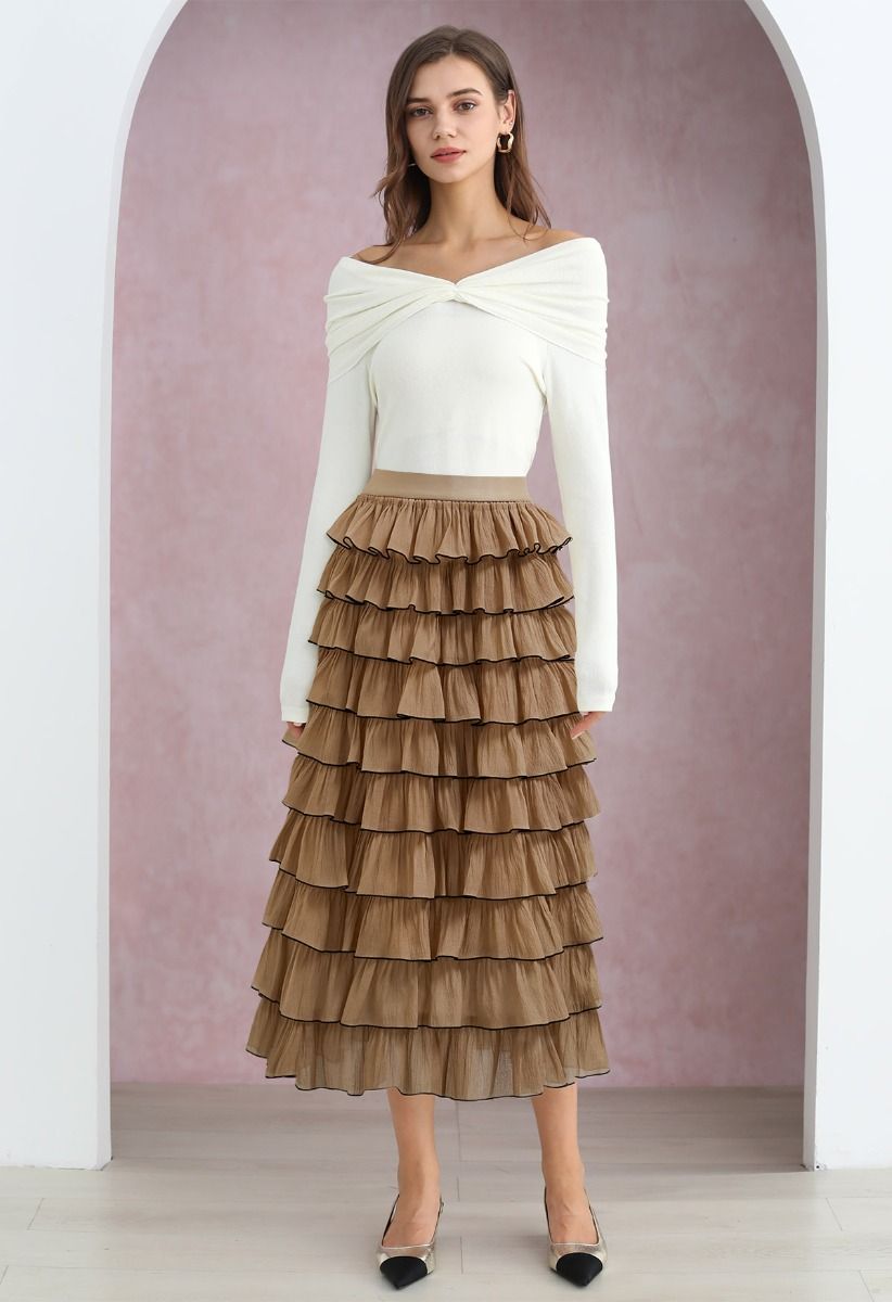 Contrasting Edges Tiered Ruffle Maxi Skirt in Caramel