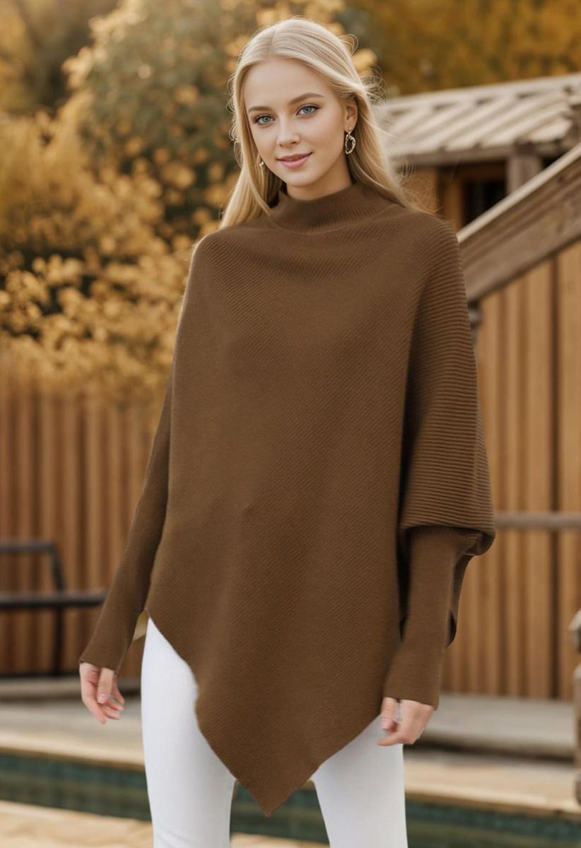 Asymmetric Batwing Sleeve Ribbed Knit Poncho in Caramel