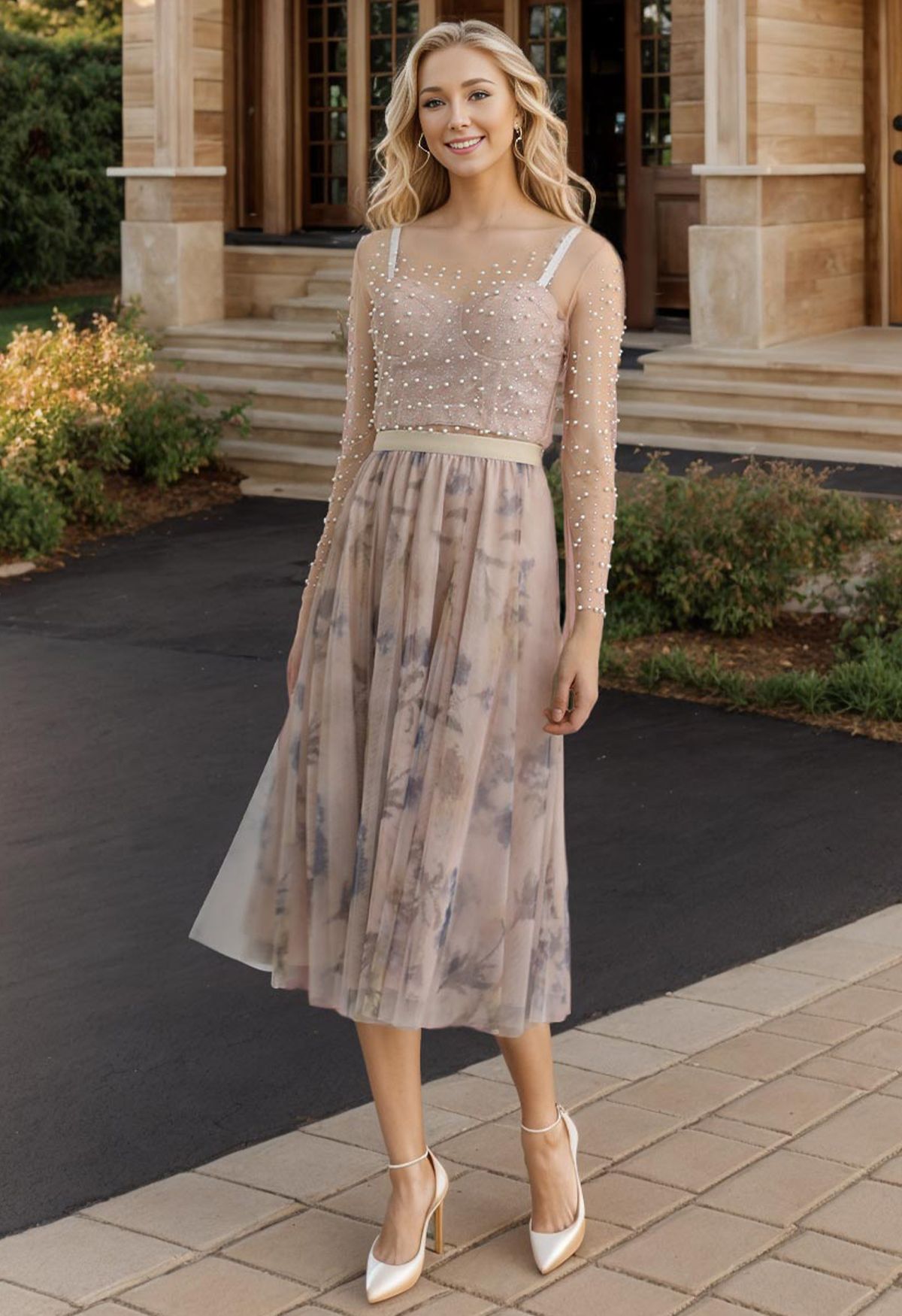 Inky Floral Double-Layered Mesh Tulle Midi Skirt