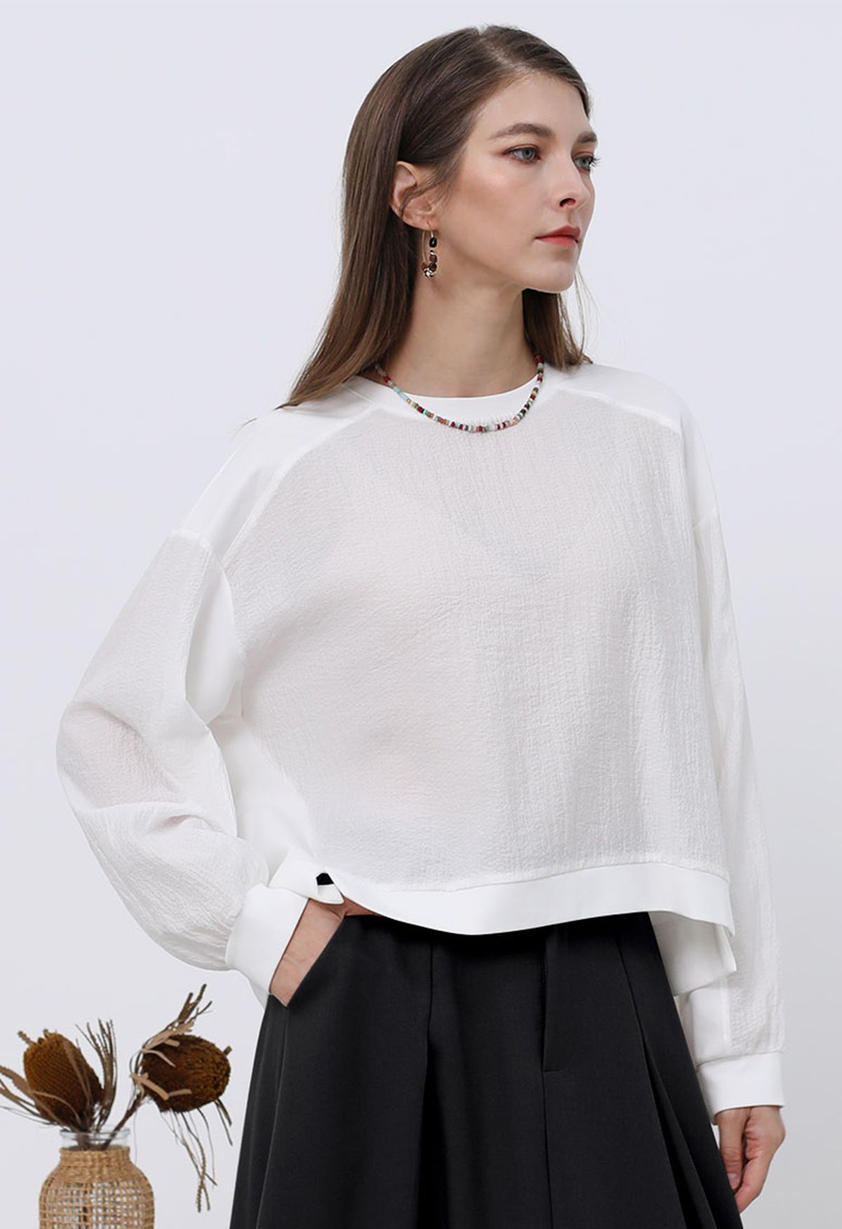 Texture Panelled Crop Sweatshirt in White