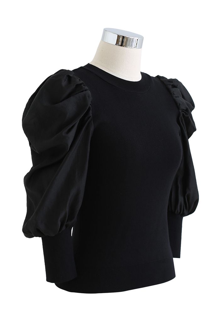 Spliced Bubble Elbow Sleeve Knit Top in Black