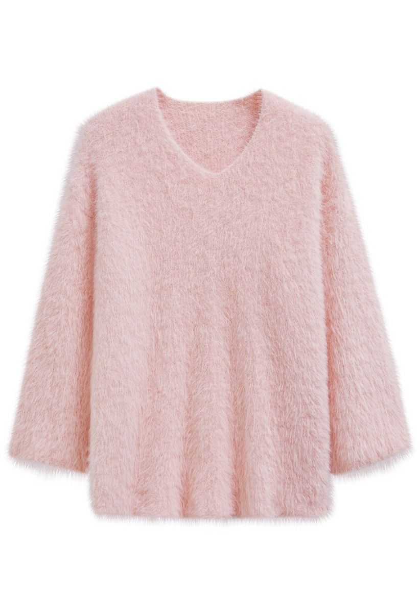 Fluffy V-Neck Knit Sweater in Light Pink