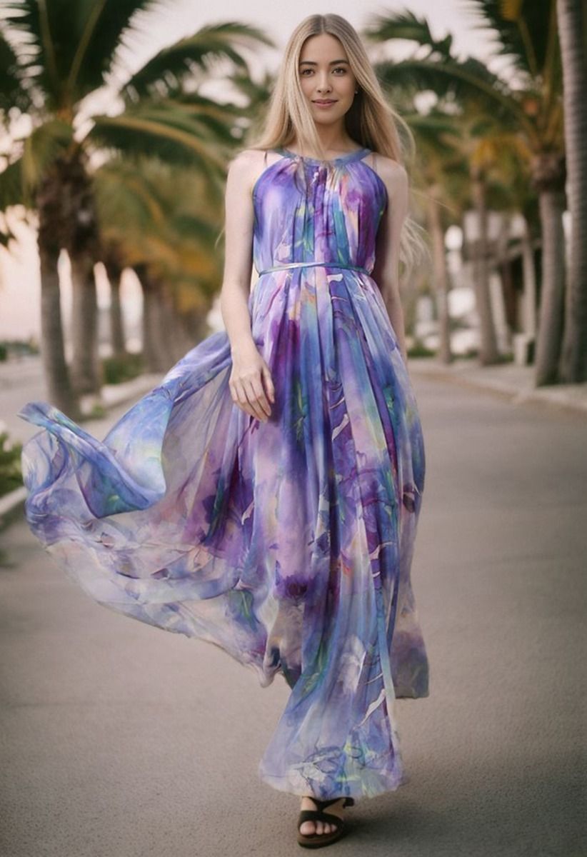 Floral Watercolor Maxi Slip Dress in Violet - Retro, Indie and