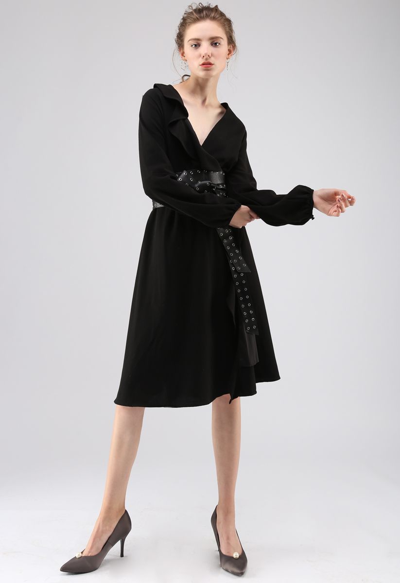 So Trendy Ruffle Coat Dress in Black