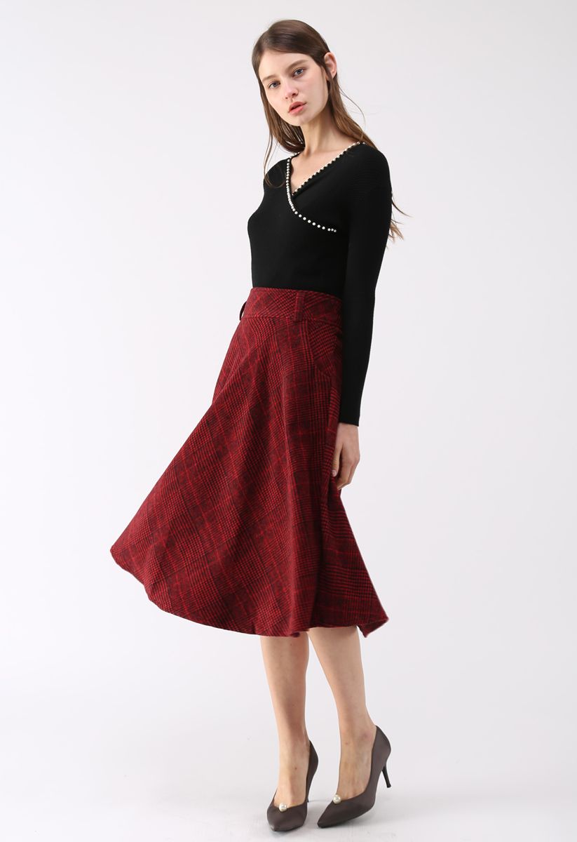 Houndstooth Check Wool-blend A-line Skirt in Red 