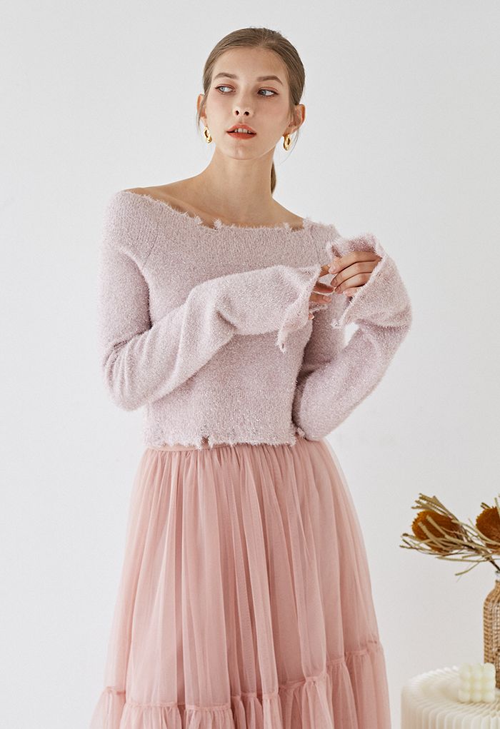 Shimmery Fuzzy Knit Crop Sweater in Pink