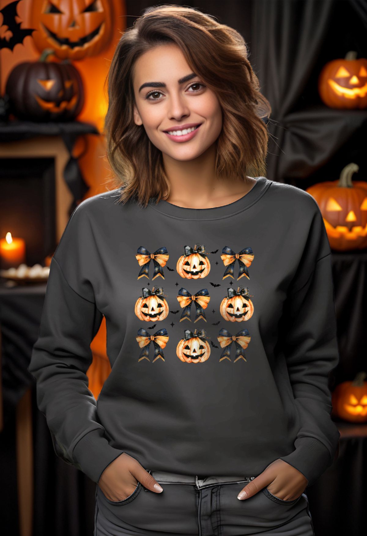 Wickedly Cute Pumpkin Bow Pattern Sweatshirt