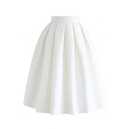 Jacquard Pleated A-Line Midi Skirt in White