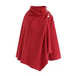 Asymmetric Hem Button Wrap Cape Coat in Red