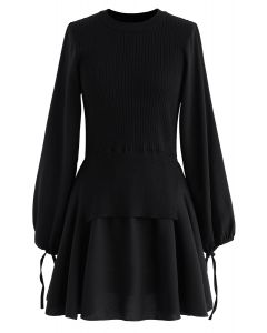 Fake Two-Piece Chiffon Knit Skater Dress in Black