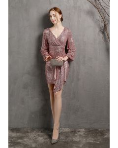 Shimmer Sequin Ruffle Wrap Dress in Pink