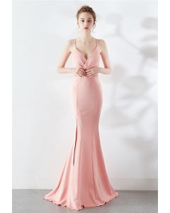 Beaded Waist Crisscross Open Back Cami Gown in Pink