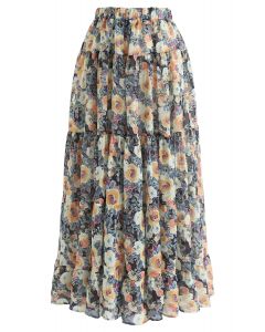 Floral Blossom Watercolor Ruffle Maxi Skirt in Yellow