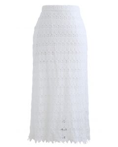 Scrolled Hem Full Crochet Pencil Skirt in White