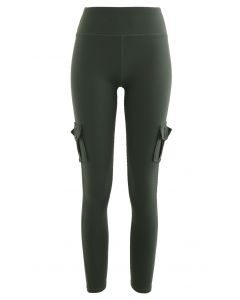 Buttoned Flap Pocket Seamed Cropped Leggings in Army Green