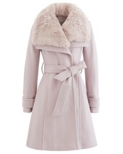 Faux Fur Wide Lapel Wool-Blend Coat in Pink