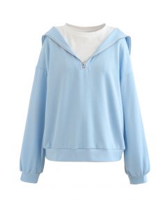 Zipper Front Spliced Sweatshirt in Baby Blue
