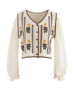 Embroidered Crochet Spliced Sleeves Cardigan