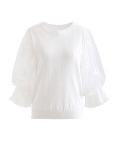 Firework Embroidered Mesh Sleeve Knit Top in White