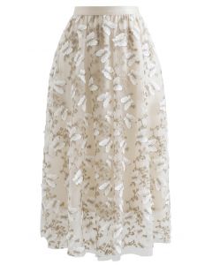 3D Butterfly Embroidered Double Layered Tulle Skirt in Cream