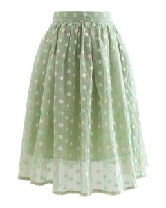 Colorful Dots Jacquard Organza Pleated Skirt in Green