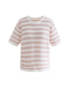 Contrasted Stripe Embossed Knit Top in Peach