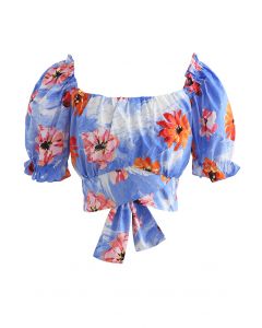 Bowknot Back Floral Print Crop Top in Blue