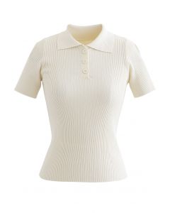 Triple Buttons Short Sleeve Fitted Knit Top in Cream