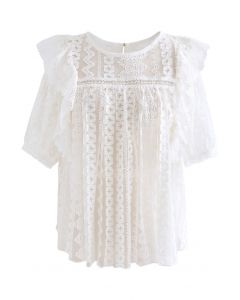 Crochet Ruffle Embroidered Mesh Top