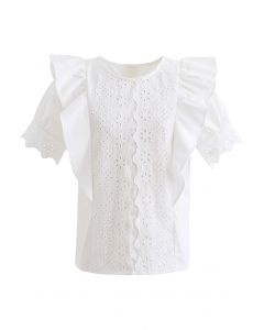 Embroidered Floral Buttoned Back Ruffle Top in White