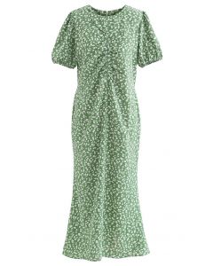 Cutout Detail Floral Print Ruched Midi Dress in Green