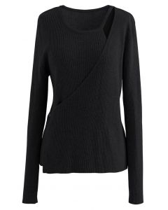 Button Wrapped Knit Top in Black